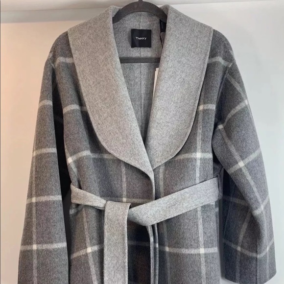 Theory Cashmere Wool shawl belt plaid jacket coat - Picture 2 of 6
